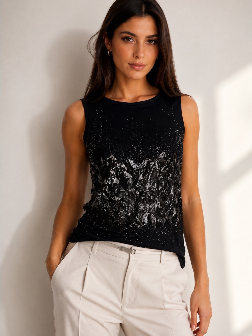Tribal Women’s Size M Black Sequin Embellished Sleeveless Tank Top